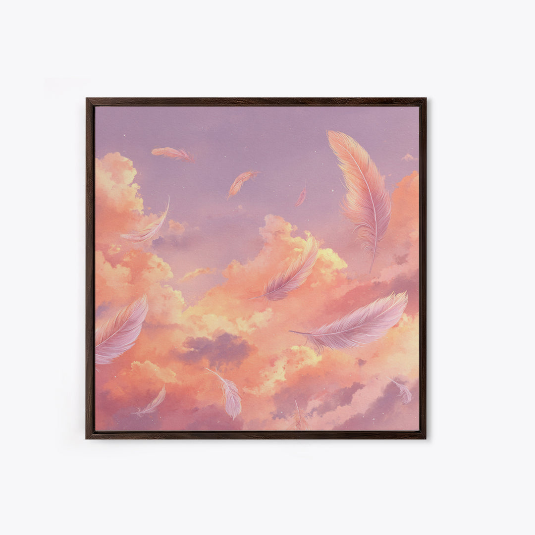 Pink Feather Sky Canvas Print, Dreamy Cloud Wall Decor, Celestial Nursery Art, Soft Pastel Bedroom Decor Gift For Her Art Print