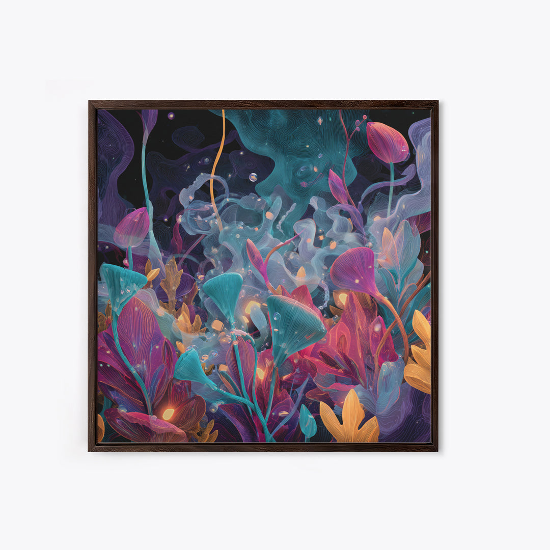 Glowing Alien Garden With Teal And Magenta Flowers Canvas Print, Psychedelic Botanical Wall Art, Whimsical Room Decor Gift