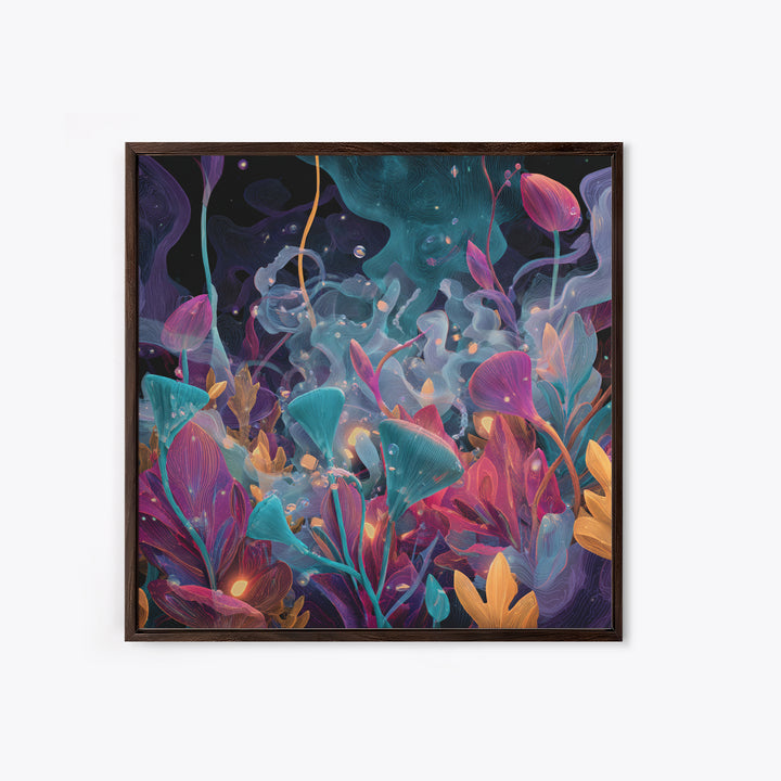 Glowing Alien Garden With Teal And Magenta Flowers Canvas Print, Psychedelic Botanical Wall Art, Whimsical Room Decor Gift