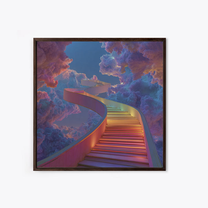 Rainbow Stairway Through Clouds Surreal Fantasy Wall Art, Dreamy Colorful Sky Canvas Print Home Decor