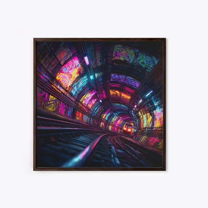 Neon Tunnel Cityscape Wall Art, Futuristic Subway Graffiti Canvas Print, Vibrant Urban Gaming Room Decor
