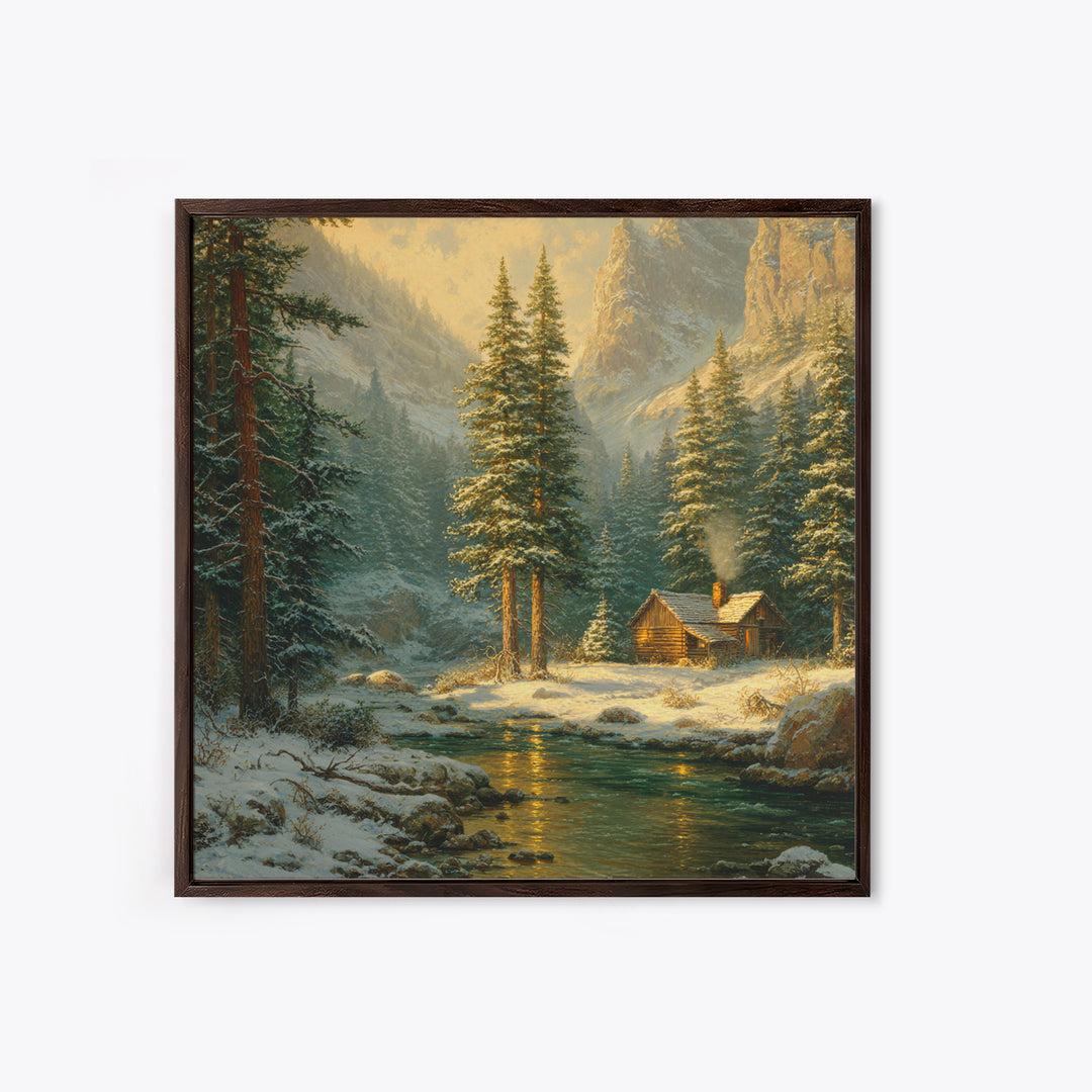Cozy Winter Cabin By River Landscape Wall Art, Snowy Mountain Sunset Canvas Print, Rustic Farmhouse Decor Living Room Art