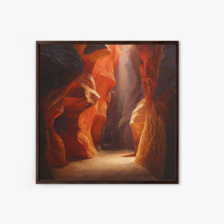 Sunlit Slot Canyon Textured Wall Art, Dramatic Red Rock Landscape Canvas Print, Vertical Desert Painting For Entryway Or Living Room Decor