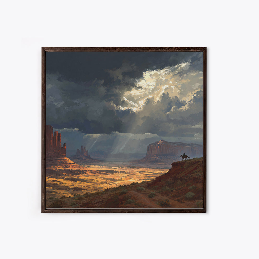 Cowboy In Desert Canyon Landscape Painting Wall Art, Western Sunset Print, Modern Southwest Home Decor For Living Room
