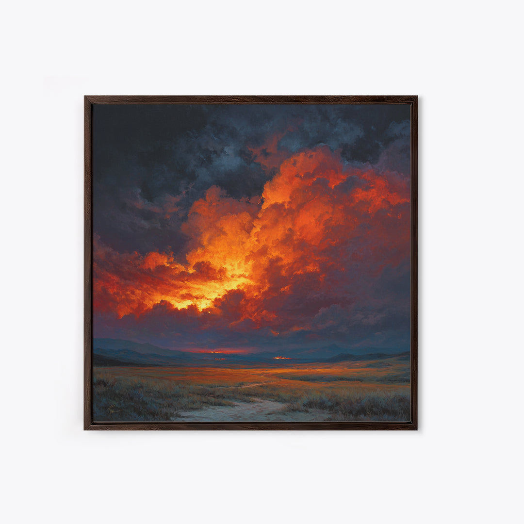 Dramatic Sunset Storm Cloud Landscape Wall Art, Fiery Sky Canvas Print, Modern Living Room Statement Artwork