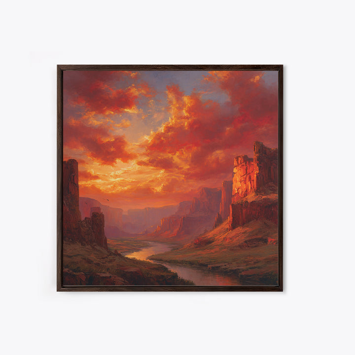 Majestic Canyon River Landscape At Sunset Wall Art Oil Painting Framed Canvas Print Rustic Home Decor