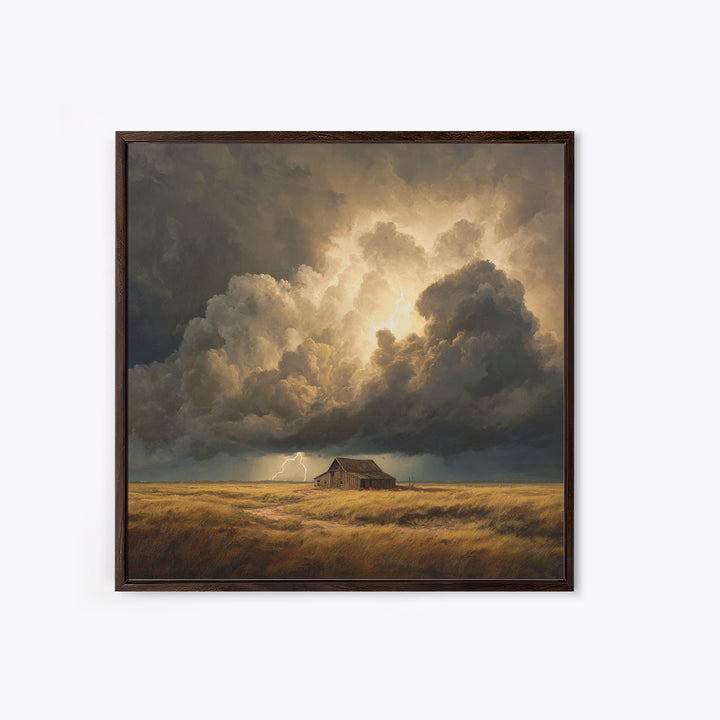 Stormy Sky Over Rustic Barn Landscape Painting Wall Art, Dramatic Lightning Cloud Print, Country Farmhouse Rustic Decor