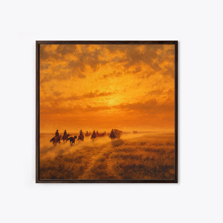 Western Cowboy Cattle Drive At Sunset Wall Art, Desert Landscape Print, Rustic Home Decor, Living Room Wall Art Canvas Print