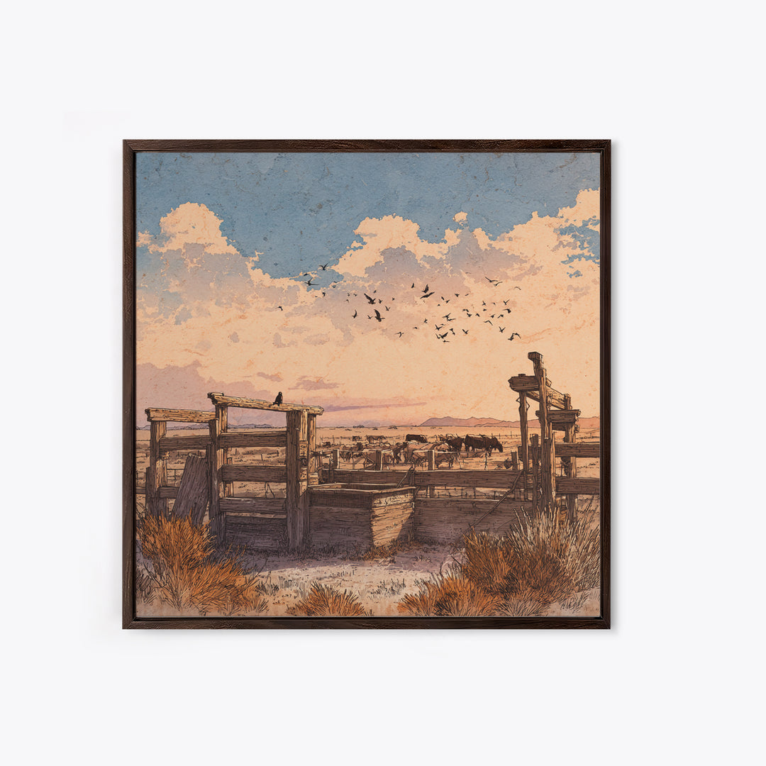 Western Ranch At Sunset Wall Art, Rustic Cowboy Landscape Canvas Print, Desert Farmhouse Decor For Living Room Or Office