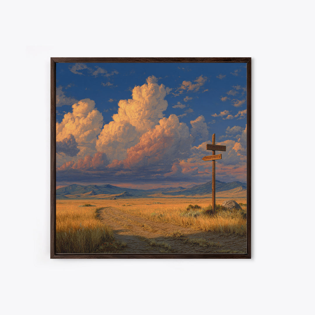 Golden Prairie Road At Crossroads Landscape Wall Art For Rustic Home Decor, Western Country Living Room Canvas Print
