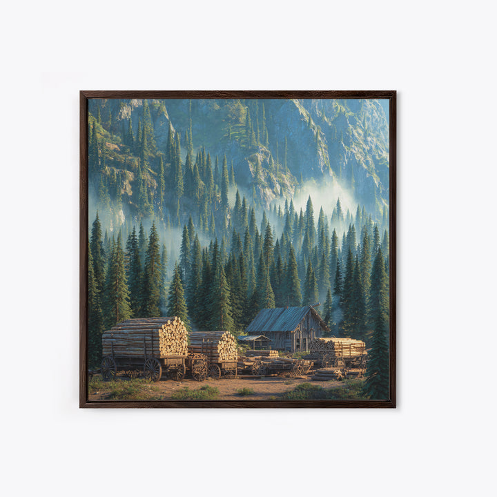 Cozy Cabin In Misty Pine Forest Wall Art, Rustic Mountain Landscape Canvas Print, Farmhouse Country Home Decor