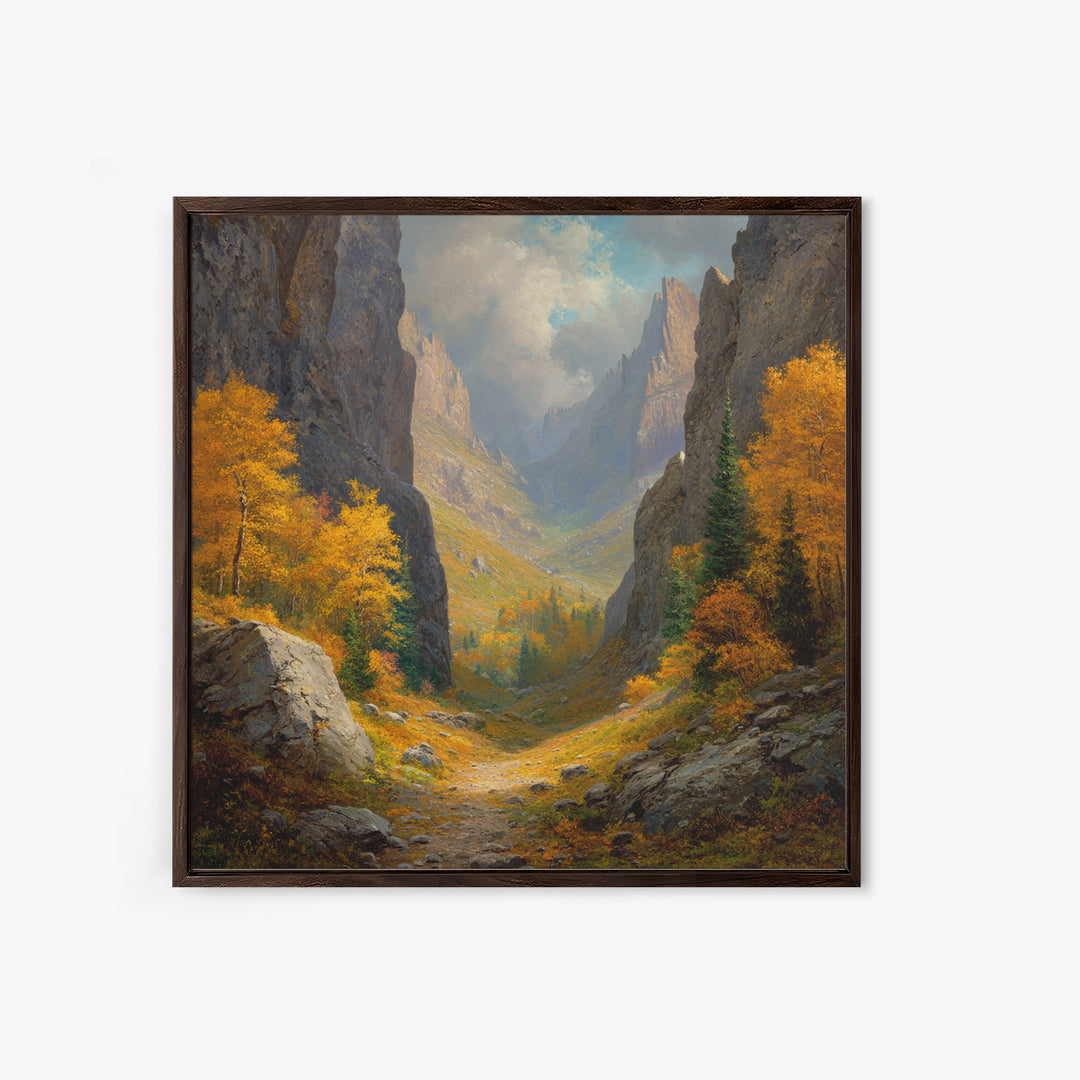 Golden Autumn Mountain Valley Path Landscape Wall Art, Cozy Fall Forest Canyon Living Room Canvas Print