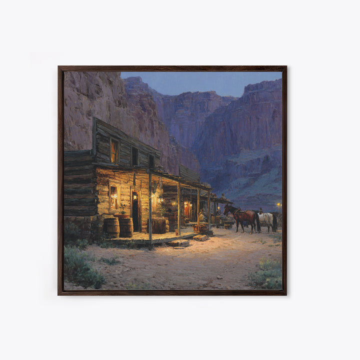 Cozy Old Western Cabin At Dusk Wall Art, Rustic Farmhouse Landscape Print, Country Home Decor, Living Room Rustic Canvas Print