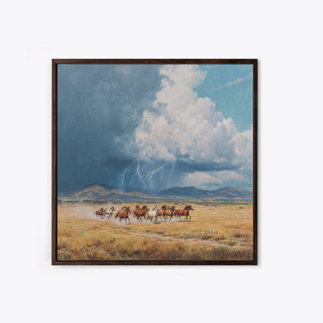 Wild Horses Running Under Stormy Sky Landscape Wall Art Canvas Print Western Country Decor Large Landscape Painting