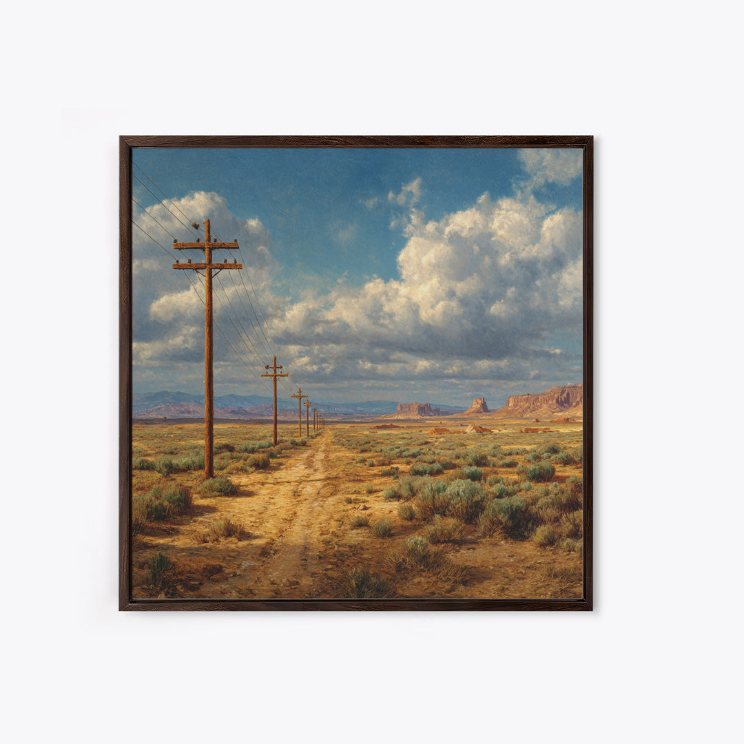 Desert Telephone Poles Landscape Wall Art Print, Rustic Country Road Western Decor, Neutral Landscape Canvas Print For Living Room