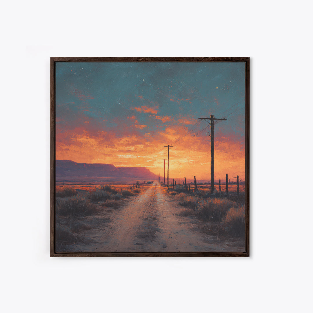 Country Dirt Road Sunset Landscape Wall Art, Warm Rustic Western Painting, Farmhouse Home Decor Large Framed Canvas Print