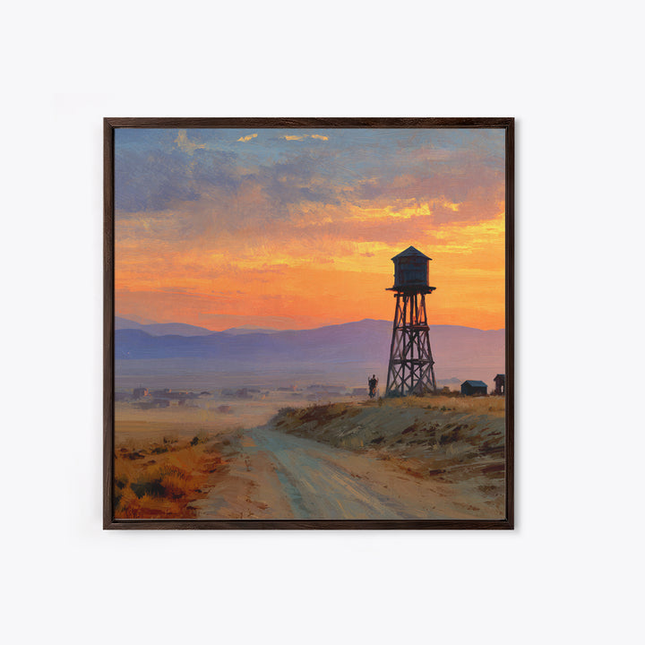 Western Sunset Water Tower Landscape Wall Art, Cowboy Desert Road Canvas Print, Rustic Country Home Decor For Living Room Or Office