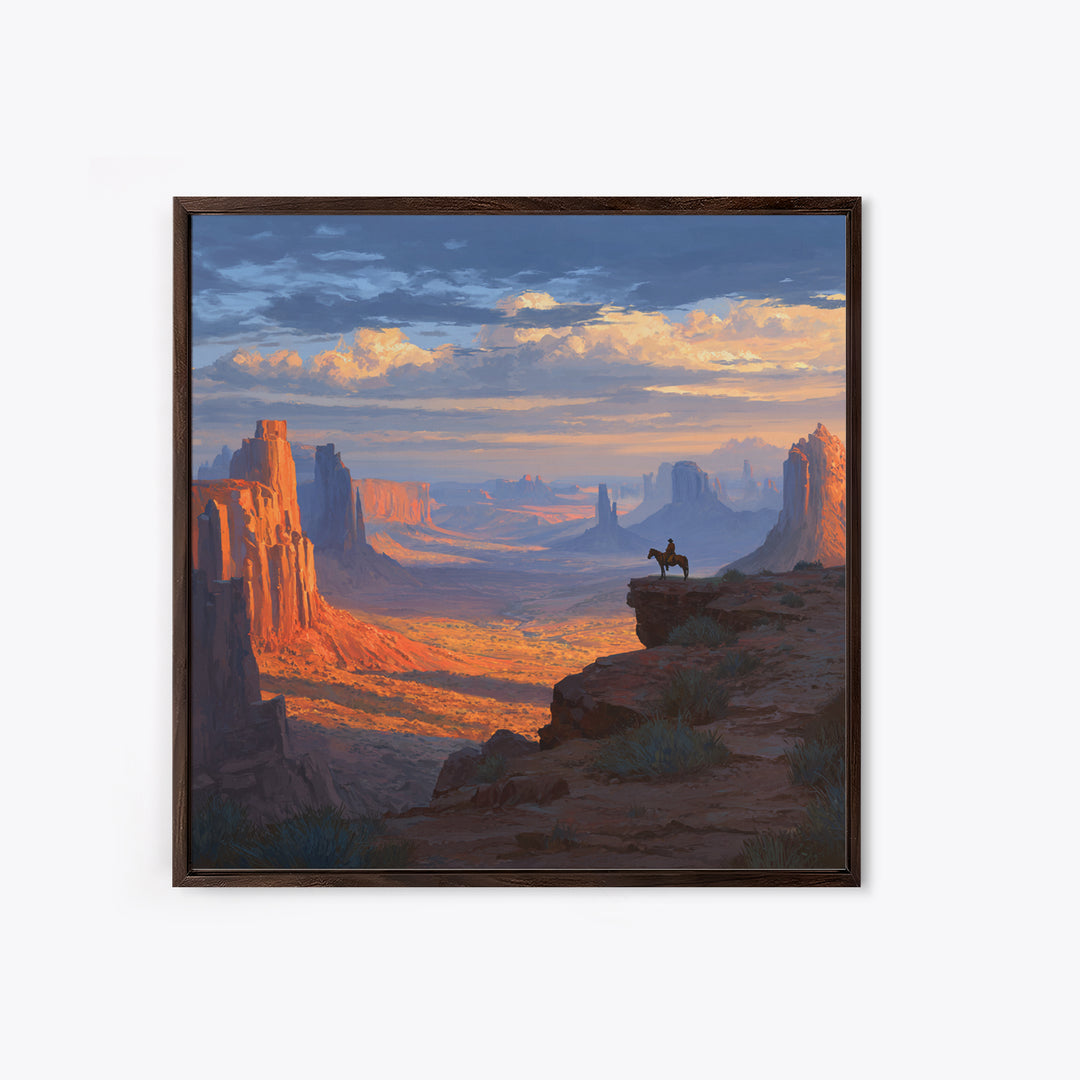Monument Valley Cowboy Panorama Wall Art, Western Desert Landscape Canvas Print, Large Rustic Living Room Decor