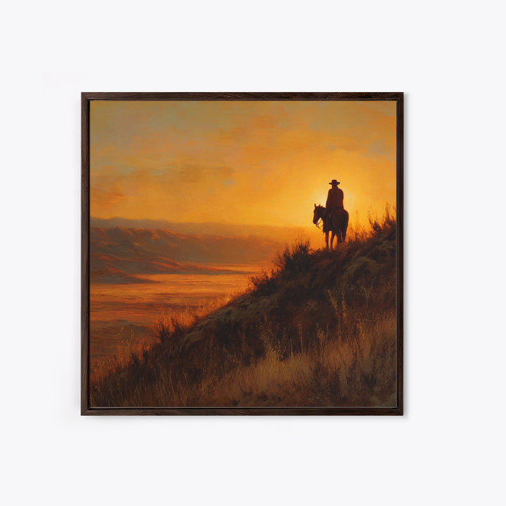 Western Cowboy Sunset Hill Painting Wall Art, Rustic Horse Rider Canvas Print, Warm Desert Landscape Home Decor