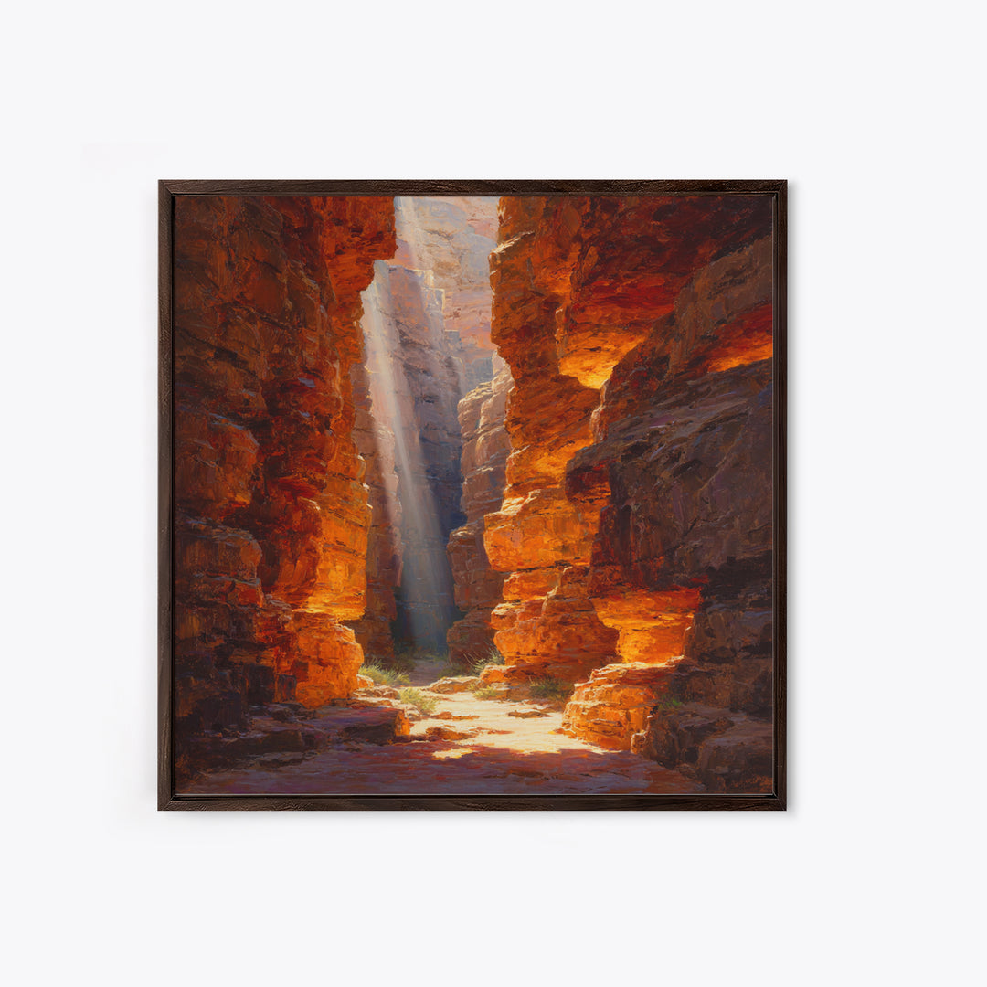 Golden Canyon Sun Rays Desert Landscape Wall Art Print, Southwestern Rustic Decor, Warm Nature Painting Living Room Art