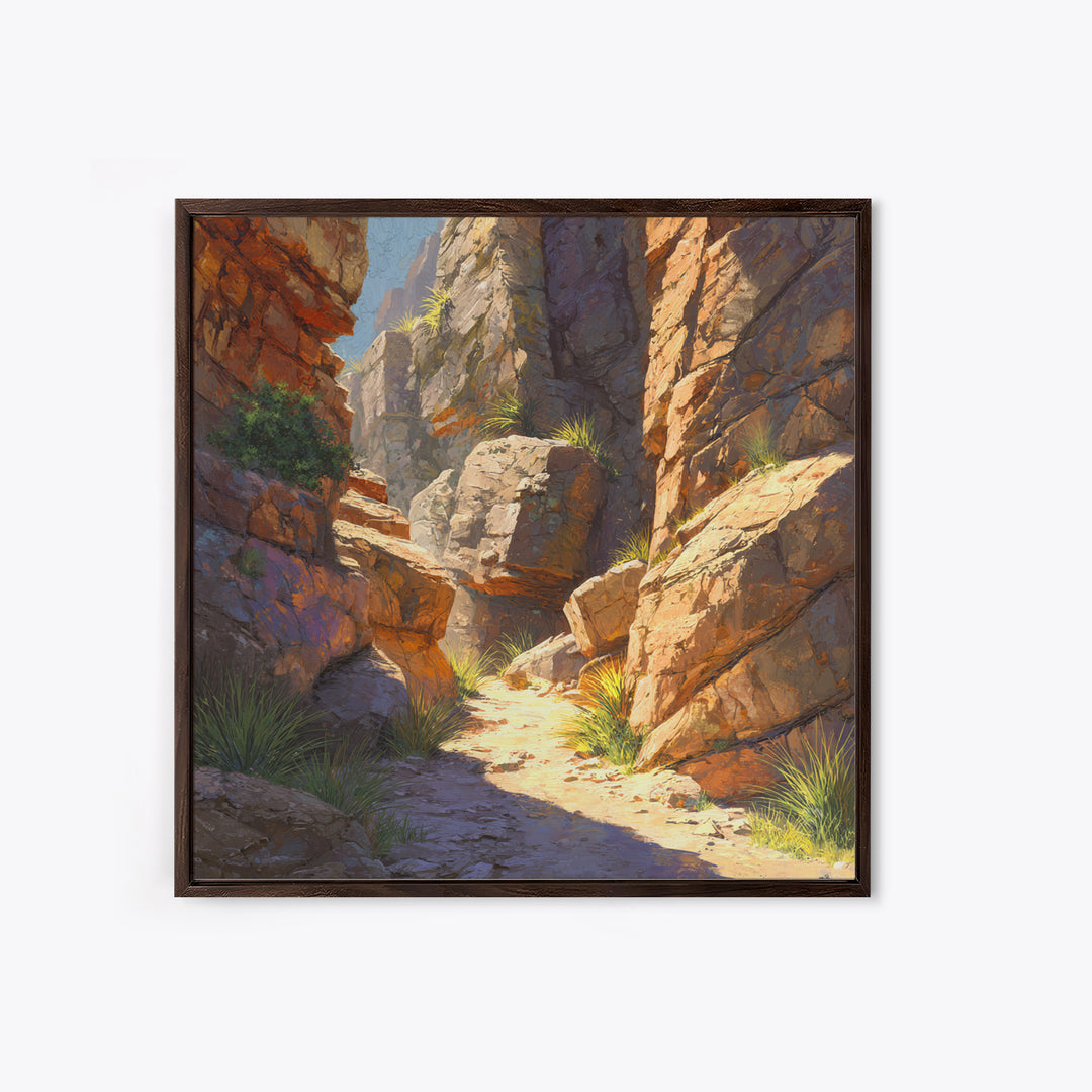 Sunlit Desert Canyon Trail Landscape Wall Art, Warm Southwest Rocks And Sage Green Nature Canvas Print