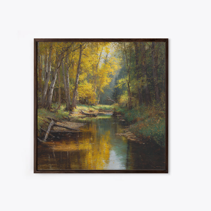 Golden Forest Creek Wall Art, Autumn Landscape Canvas Print, Rustic Nature Painting For Cozy Living Room Decor