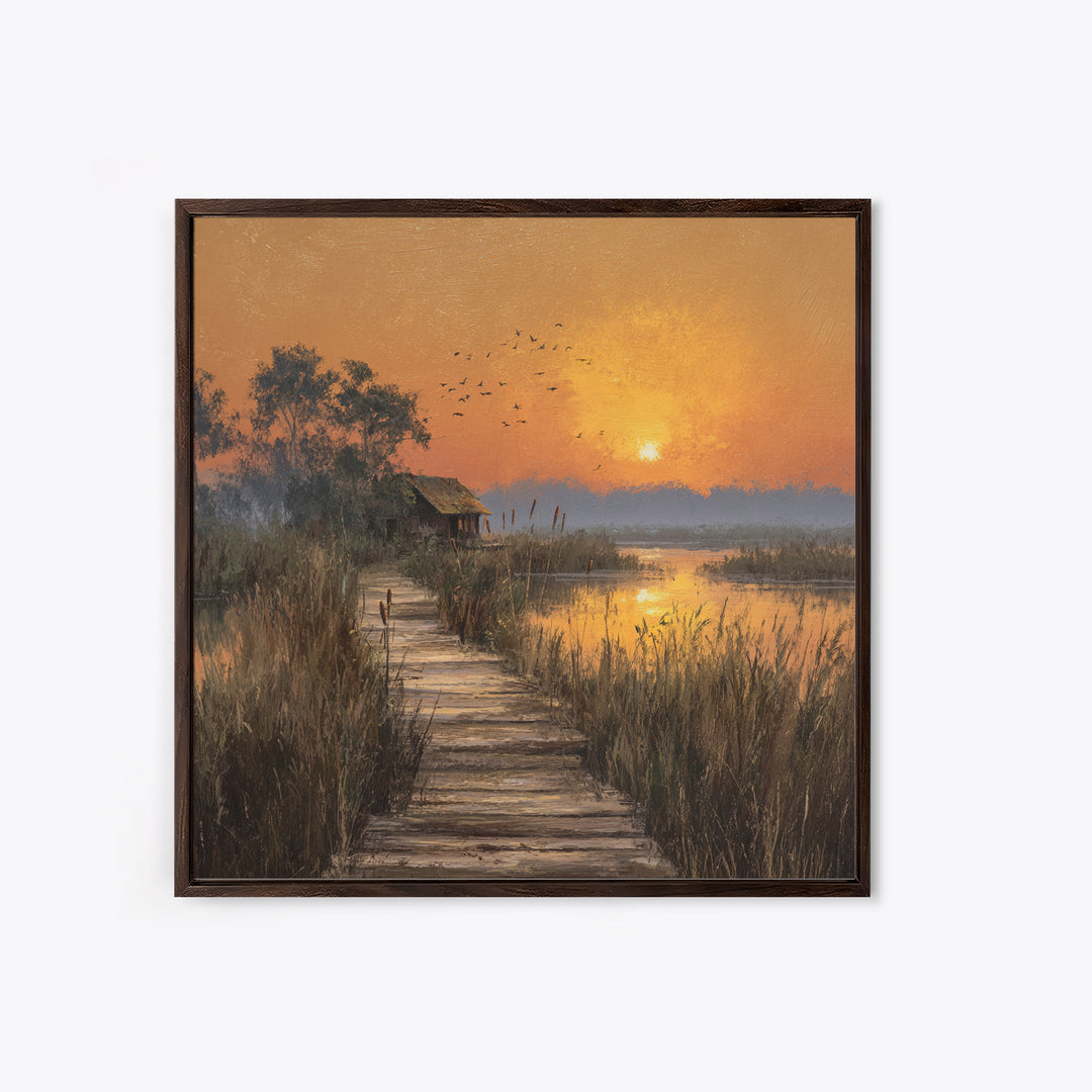 Peaceful Sunset Over Lakeside Cabin And Boardwalk Nature Landscape Wall Art Framed Canvas Print For Living Room