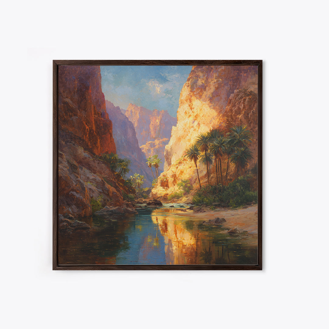 Sunlit Desert Canyon Oasis Landscape Wall Art Canvas Print, Modern Southwestern Nature Painting For Living Room Home Decor