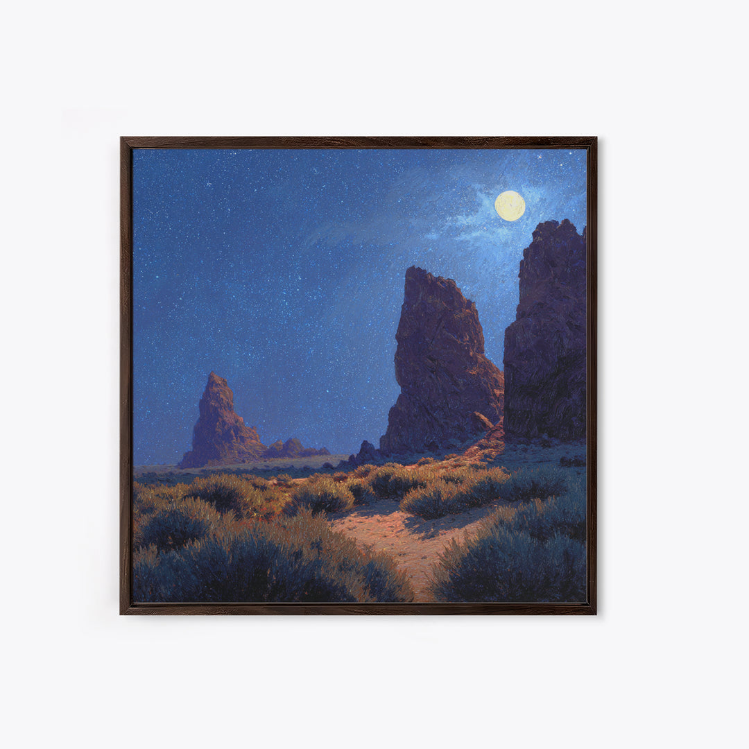 Moonlit Desert Rocks Wall Art, Night Sky Landscape Painting, Southwestern Stars Print, Calming Rustic Home Decor Canvas Print