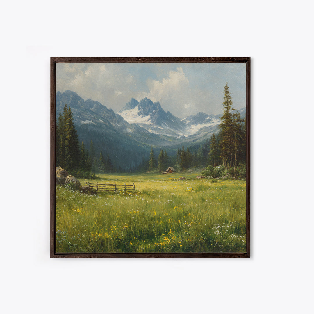 Alpine Meadow Cabin Landscape Wall Art, Mountain Valley Oil Painting Print, Rustic Country Home Decor Living Room Wall Art