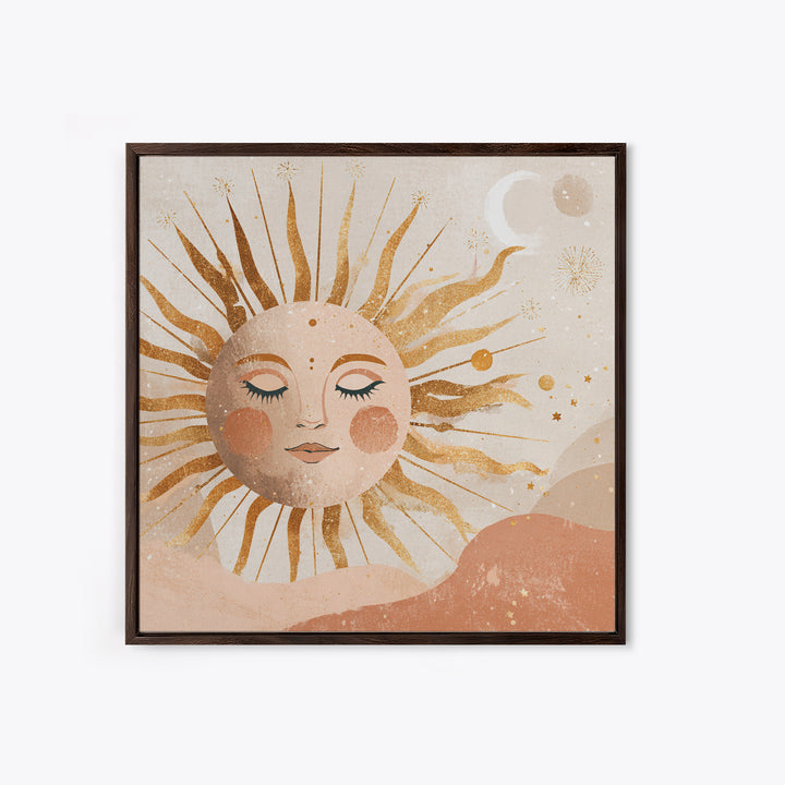 Boho Sun And Moon Wall Art, Celestial Gold Face Print, Whimsical Nursery Decor, Spiritual Bedroom Canvas Gift For Her Home Decor