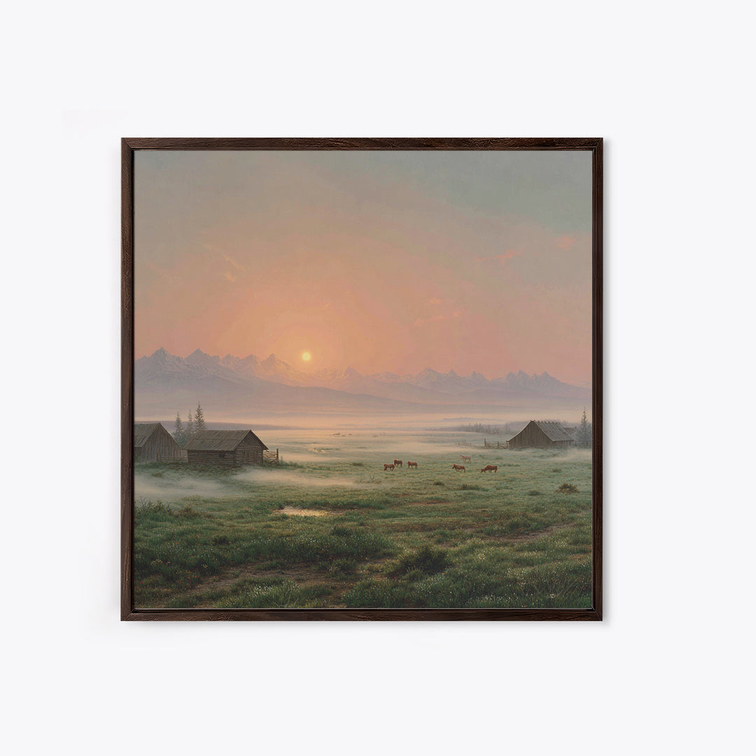 Misty Sunrise Farm Landscape Wall Art, Rustic Country Barn Pasture Print, Farmhouse Wall Decor Living Room Wall Art