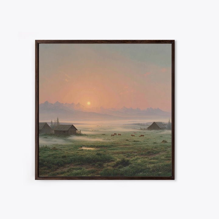 Misty Sunrise Farm Landscape Wall Art, Rustic Country Barn Pasture Print, Farmhouse Wall Decor Living Room Wall Art