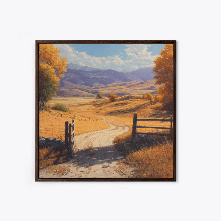 Golden Country Road Autumn Landscape Wall Art, Rustic Farmhouse Canvas Print For Cozy Living Room Decor
