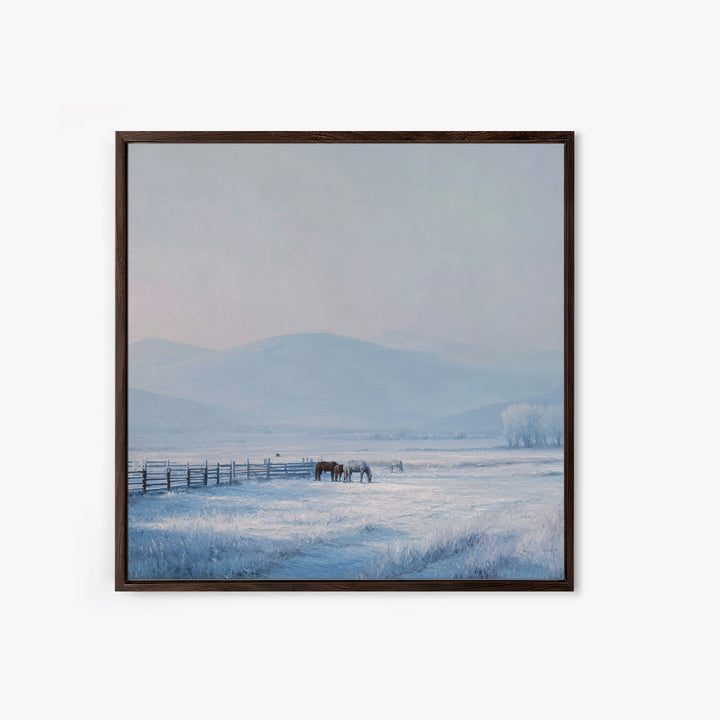 Idyllic Winter Landscape With Horses And Mountains Peaceful Snow Scene Wall Art Framed Canvas Print For Cozy Home Decor