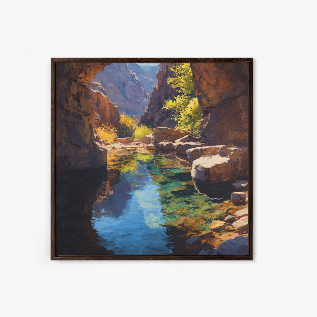 Sunlit Canyon Creek Landscape Oil Painting Wall Art, Nature Mountain Stream Canvas Print, Rustic Cabin Decor Modern Landscape