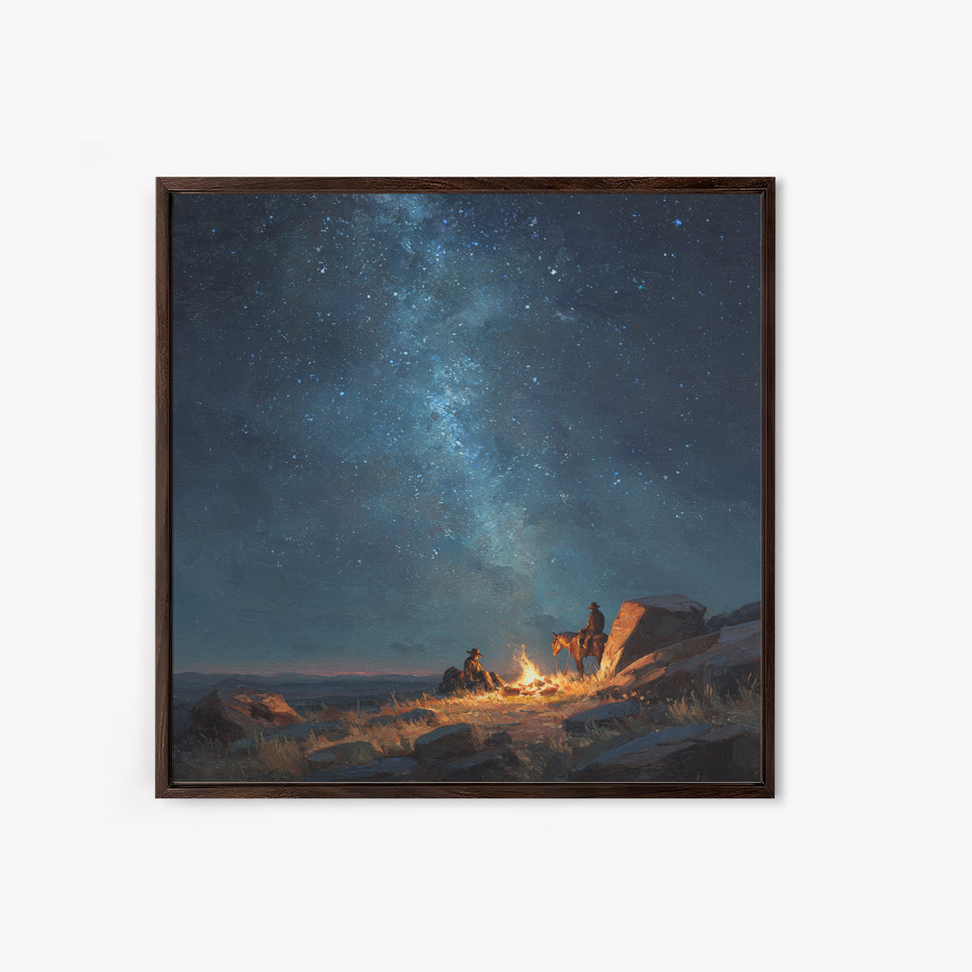 Cowboys By Campfire Under Milky Way Night Sky Wall Art Print, Western Landscape Painting, Rustic Country Home Decor Art