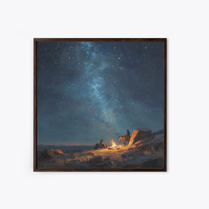 Cowboys By Campfire Under Milky Way Night Sky Wall Art Print, Western Landscape Painting, Rustic Country Home Decor Art