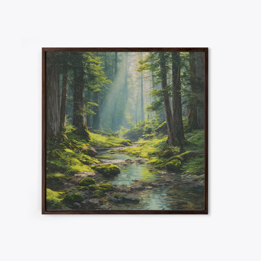 Sunlit Forest Creek Landscape Wall Art Nature Painting Canvas Print Rustic Home Decor Cabin Living Room Wall Art