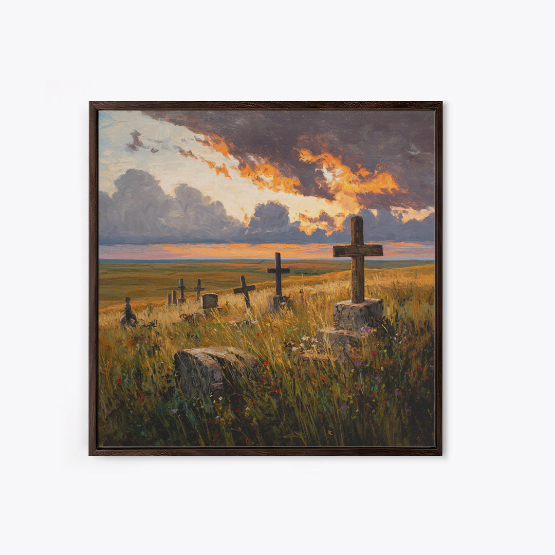 Moody Sunset Graveyard Landscape Wall Art, Dramatic Sky Rustic Canvas Print, Gothic Dark Academia Decor For Living Room