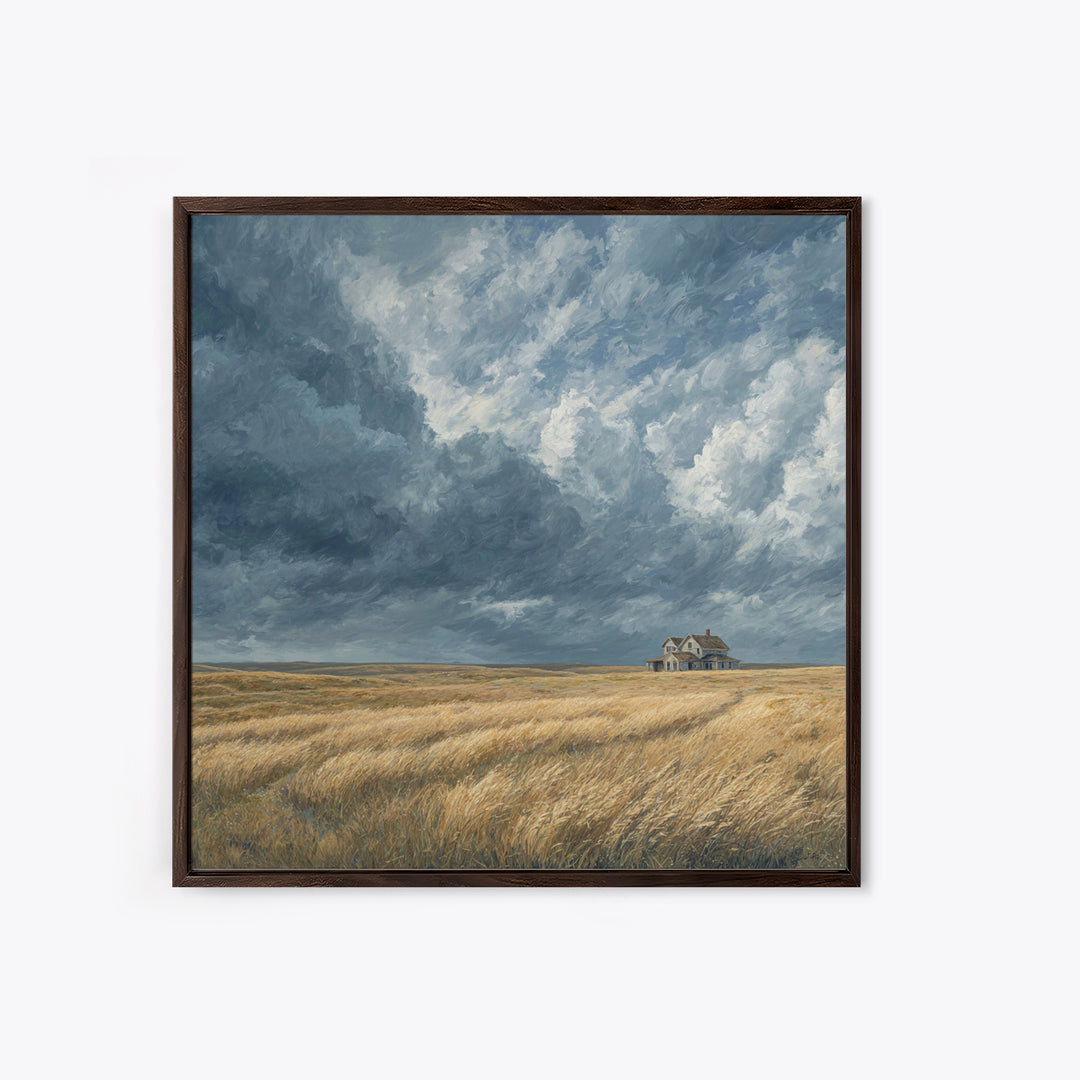 Moody Prairie House Stormy Sky Landscape Wall Art, Large Horizontal Canvas Print, Rustic Farmhouse Decor Living Room Art