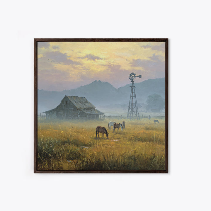 Rustic Barn And Horses Landscape Wall Art Canvas Print, Western Country Decor, Farmhouse Wall Art, Large Living Room Art