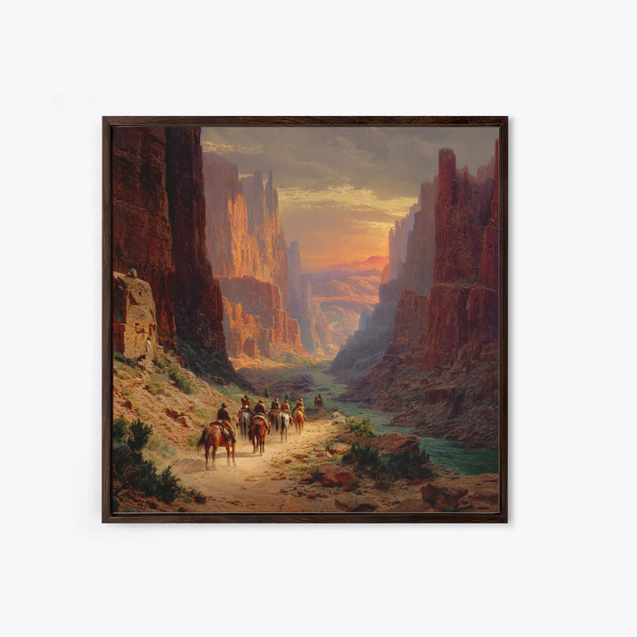Cowboys Riding Through Canyon At Sunset Wall Art, Western Landscape Painting Print, Rustic Southwest Decor Living Room Art