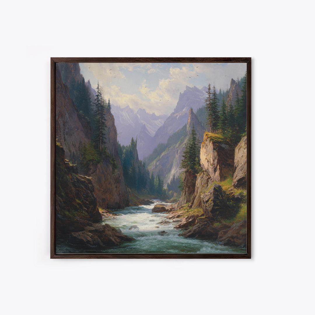 Majestic Mountain River Landscape Oil Painting Wall Art, Large Nature Canvas Print, Rustic Cabin And Living Room Decor