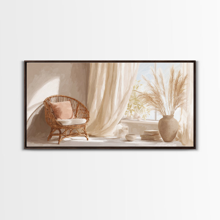 Sunlit Wicker Chair And Pampas Grass Framed Canvas Print, Neutral Boho Wall Decor, Cozy Bedroom Art For Modern Home Decor