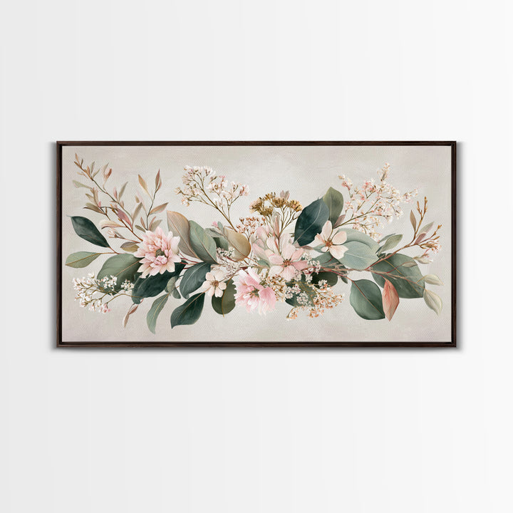 Soft Pink Floral Greenery Canvas Print, Eucalyptus Botanical Wall Decor, Neutral Living Room Art, Modern Farmhouse Decor