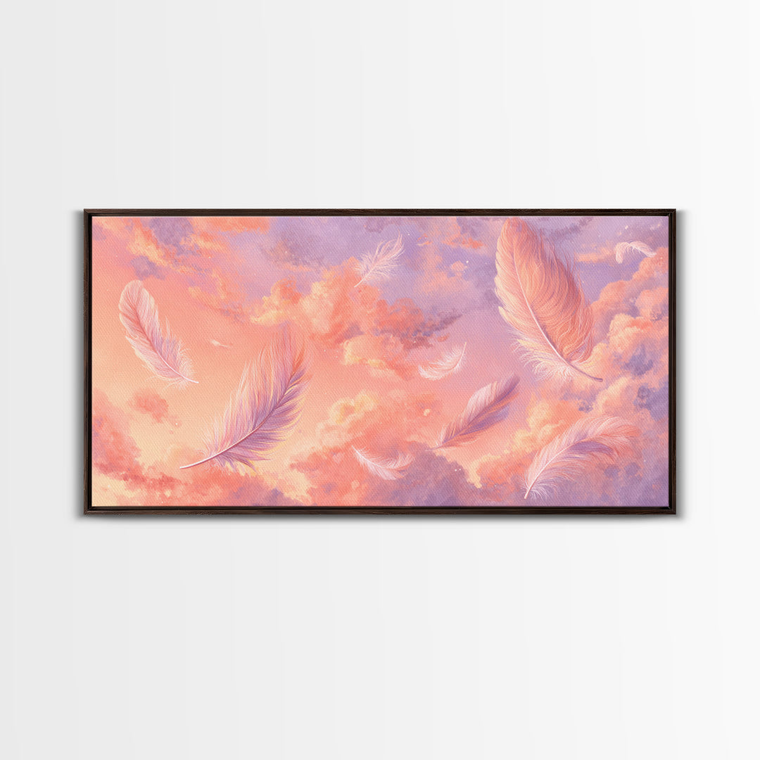 Pink Feather Sky Canvas Print, Dreamy Pastel Cloud Art, Celestial Nursery Decor, Whimsical Bedroom Wall Decor Gift For Her