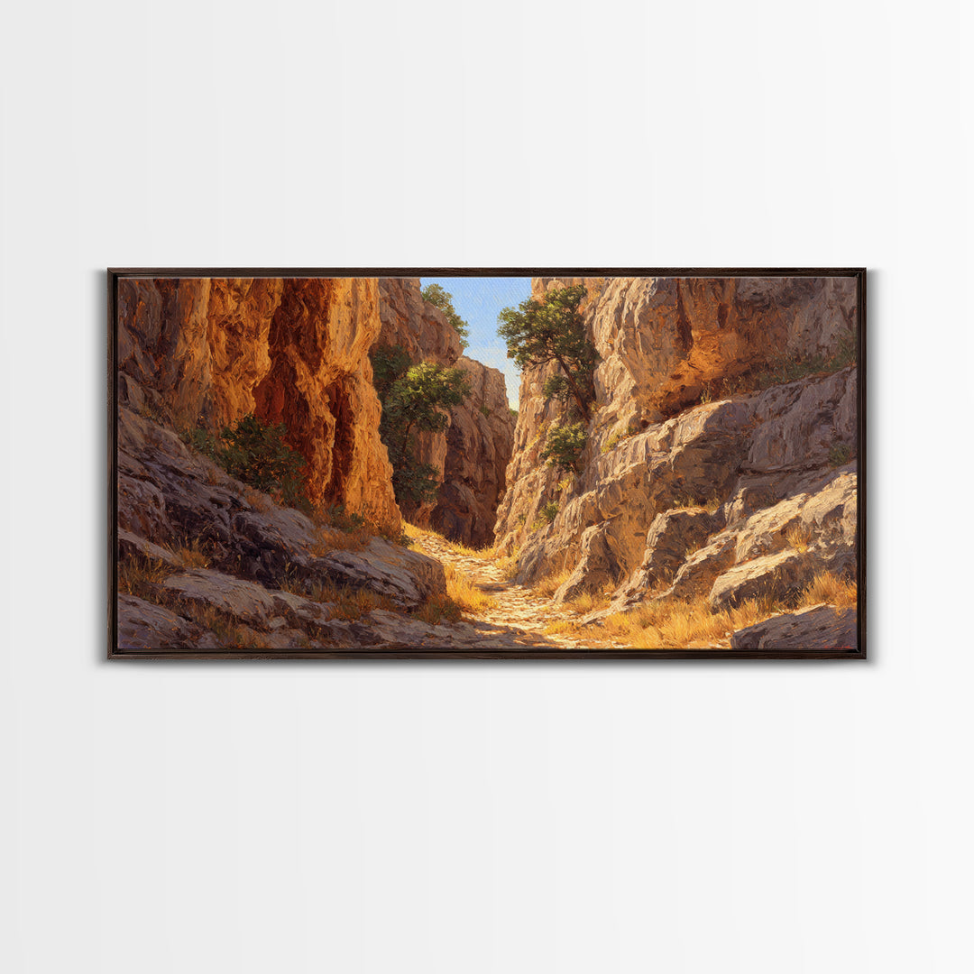 Rustic Canyon Landscape Oil Painting Bright Earth Tone Wall Art Framed Canvas Print Ideal For Living Room Decor Nature Lovers Gift