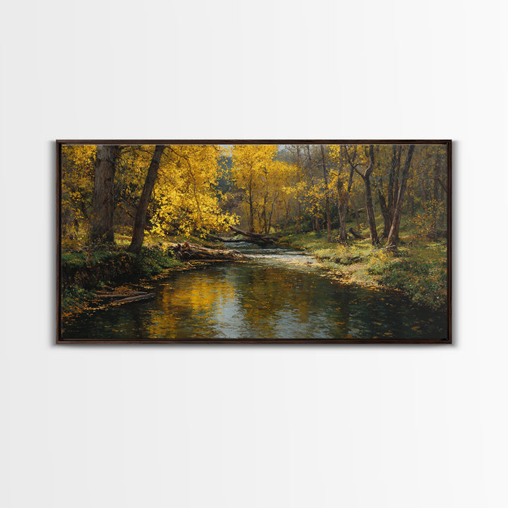 Peaceful Autumn Landscape River Scene Oil Painting Wall Art Canvas Print Rustic Home Decor Large Wall Art