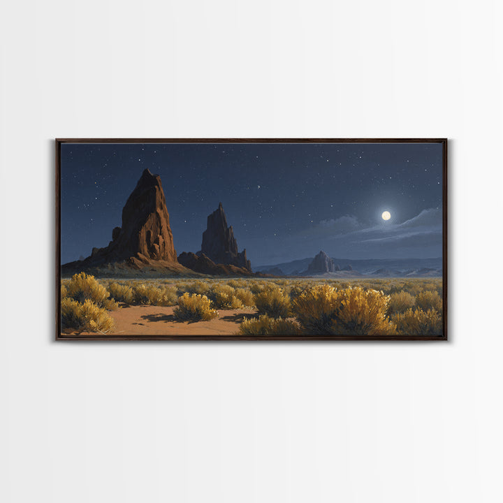 Moonlit Desert Landscape With Majestic Rock Formations And Starry Sky Original Oil Painting Wall Art Canvas Print